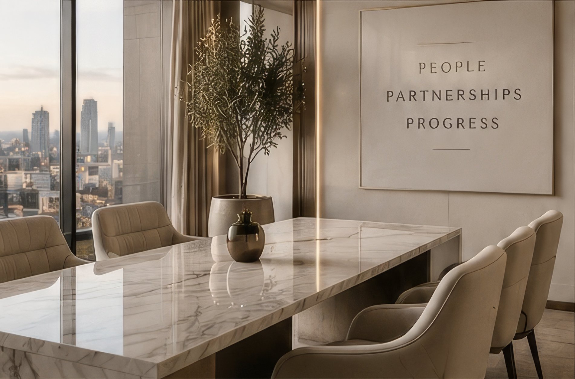Boardroom with a marble table and a wall sign reading People, Partnerships, Progress