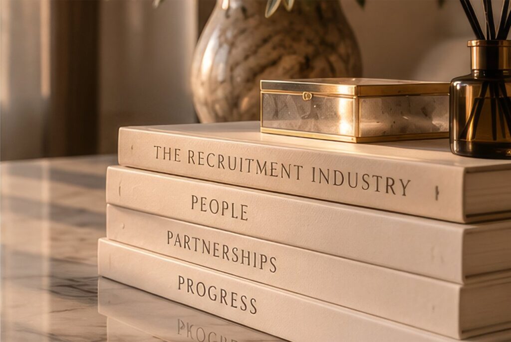 Stack of books titled The Recruitment Industry, People, Partnerships and Progress