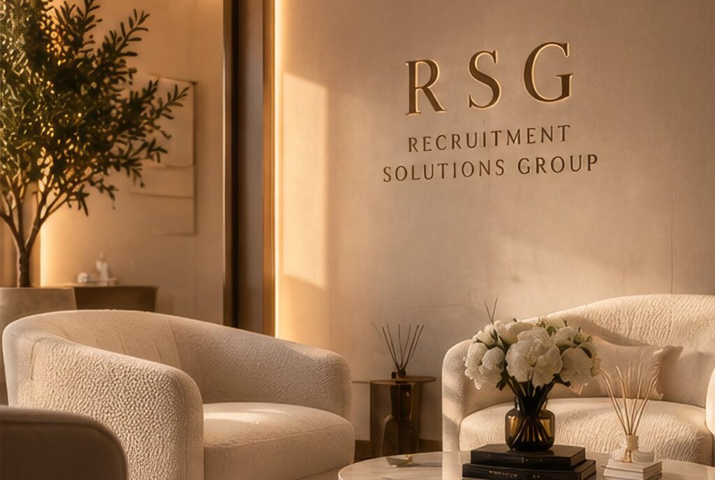 RSG reception with cream armchairs and the Recruitment Solutions Group sign